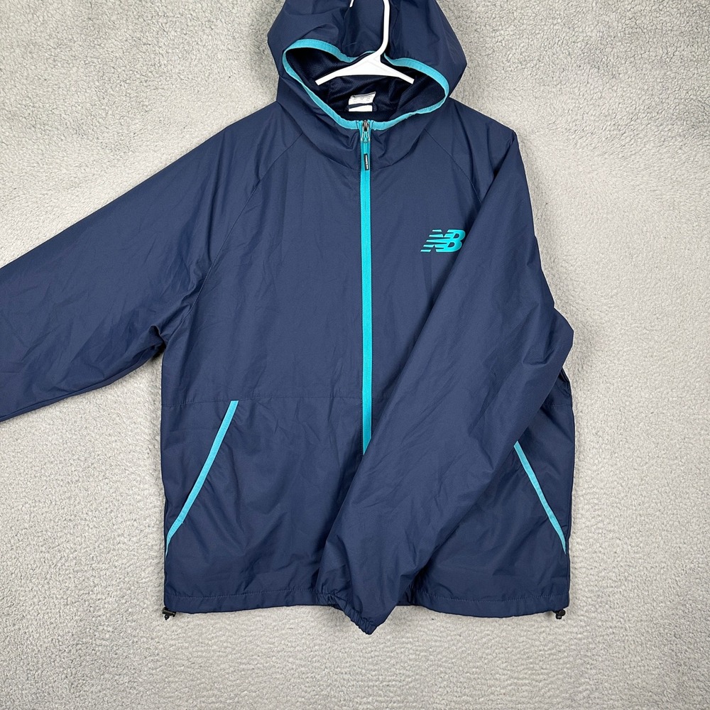 New Balance Jacket Mens XL Windbreaker Blue Teal Full Zip Hooded Performance EUC